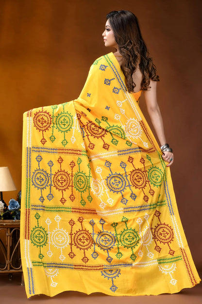Yellow circular motif handmade gujrati stitch silk saree vibrant yellow saree intricate geometric 5