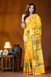 Yellow circular motif handmade gujrati stitch silk saree vibrant yellow saree adorned intricate 1