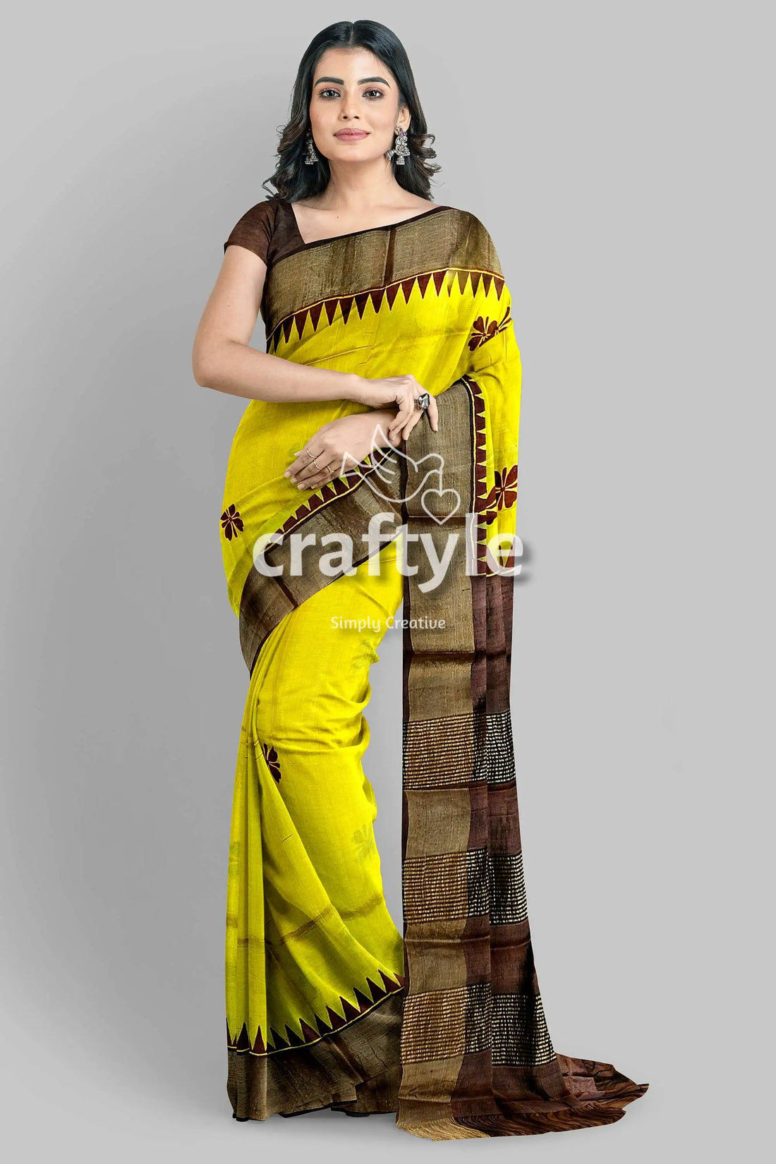 Yellow coffee brown pure tussar saree with hand block print zari border yellow saree brown border 2