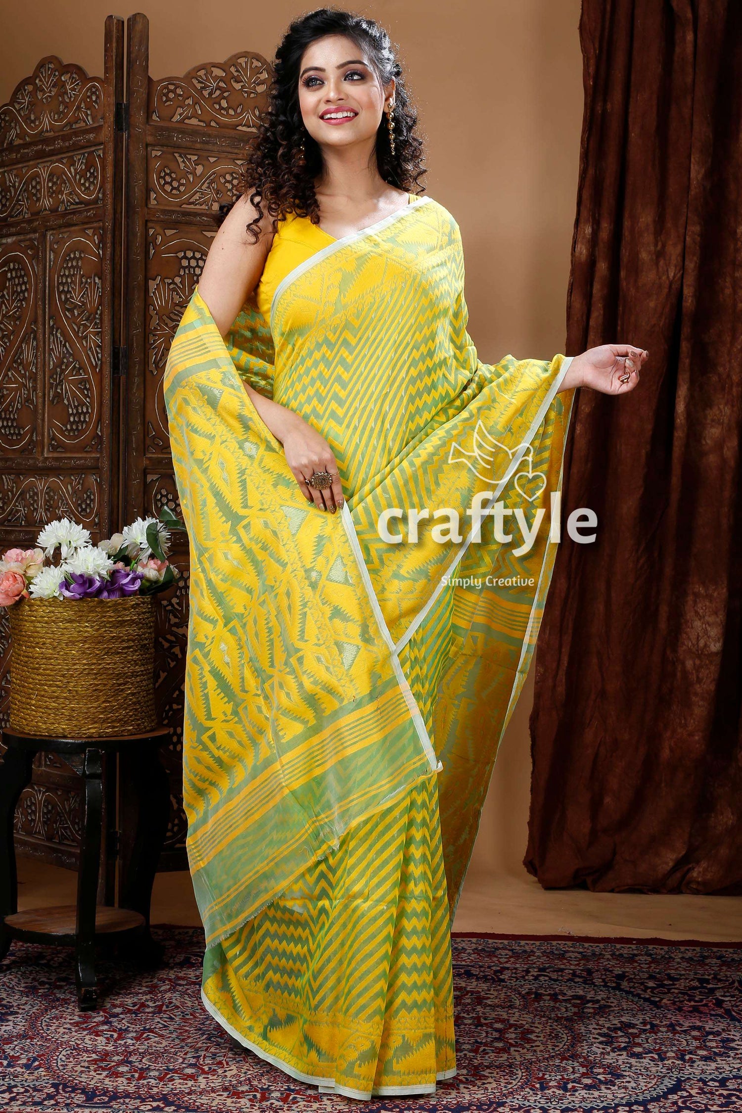 Yellow &amp; Fern Green Traditional Dhakai Jamdani Saree - Craftyle