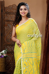 Yellow & Fern Green Traditional Dhakai Jamdani Saree - Craftyle