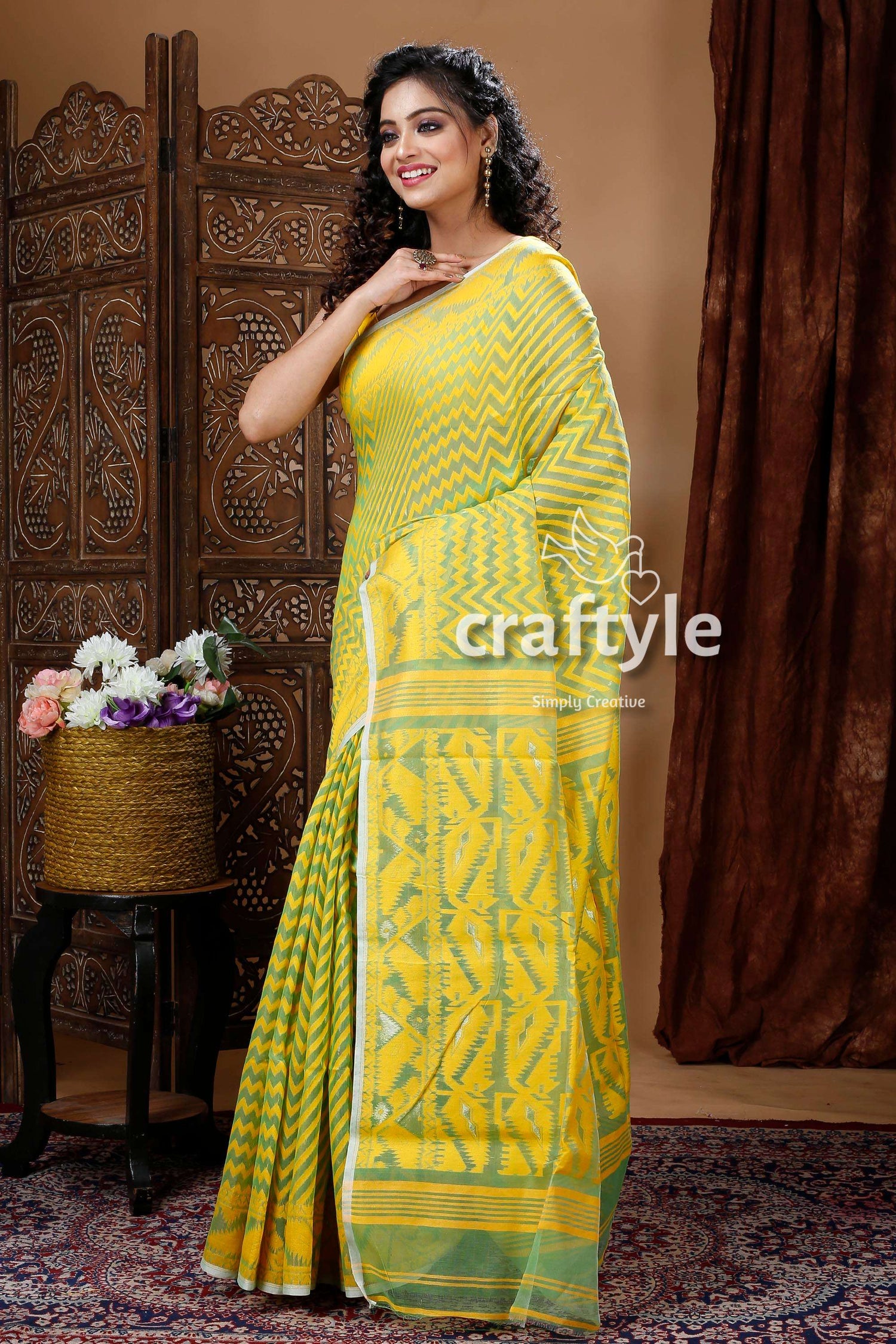 Yellow &amp; Fern Green Traditional Dhakai Jamdani Saree - Craftyle