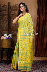 Yellow & Fern Green Traditional Dhakai Jamdani Saree - Craftyle