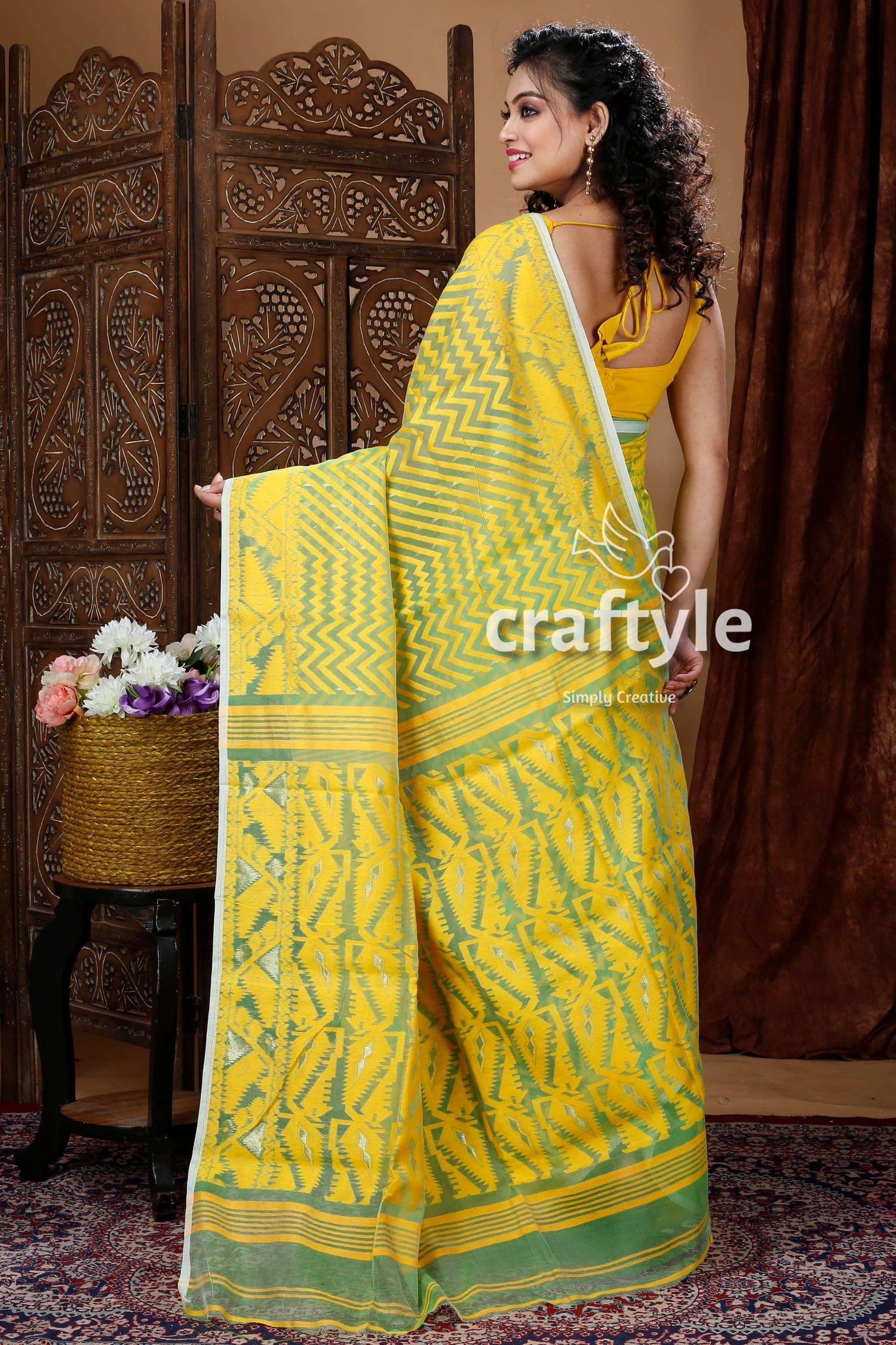 Yellow &amp; Fern Green Traditional Dhakai Jamdani Saree - Craftyle