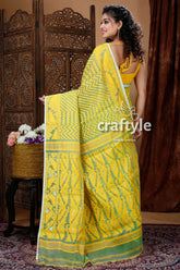 Yellow & Fern Green Traditional Dhakai Jamdani Saree - Craftyle