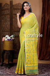 Yellow & Fern Green Traditional Dhakai Jamdani Saree - Craftyle