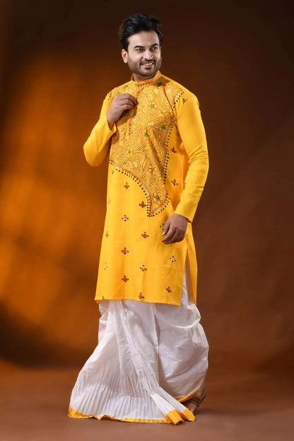Yellow floral kantha stitch pure cotton punjabi for men - reverse 4