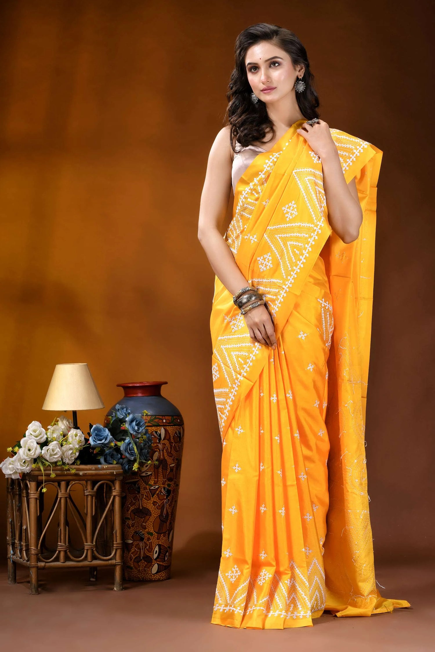 Yellow geometric motif handcrafted silk kutch work saree vibrant yellow saree intricate white 5