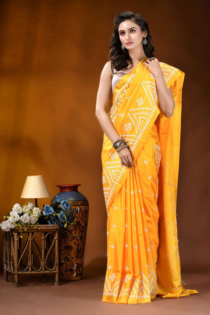 Yellow geometric motif handcrafted silk kutch work saree vibrant yellow saree intricate white 5