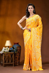 Yellow geometric motif handcrafted silk kutch work saree vibrant yellow saree intricate white 1