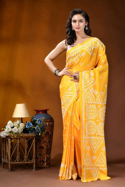 Yellow geometric motif handcrafted silk kutch work saree vibrant yellow saree intricate white 1