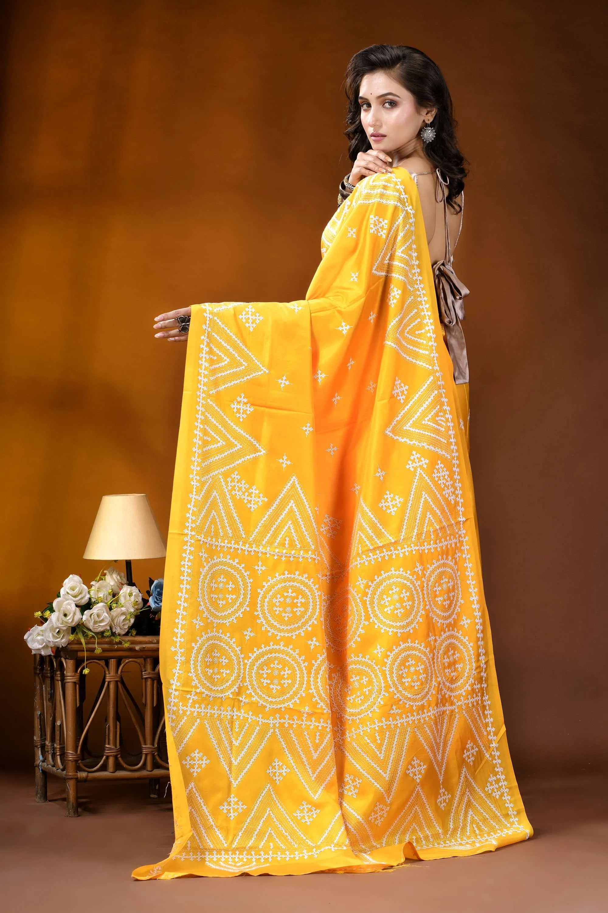 Yellow geometric motif handcrafted silk kutch work saree vibrant yellow saree intricate white 6