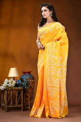 Yellow geometric motif handcrafted silk kutch work saree vibrant yellow saree intricate white 3