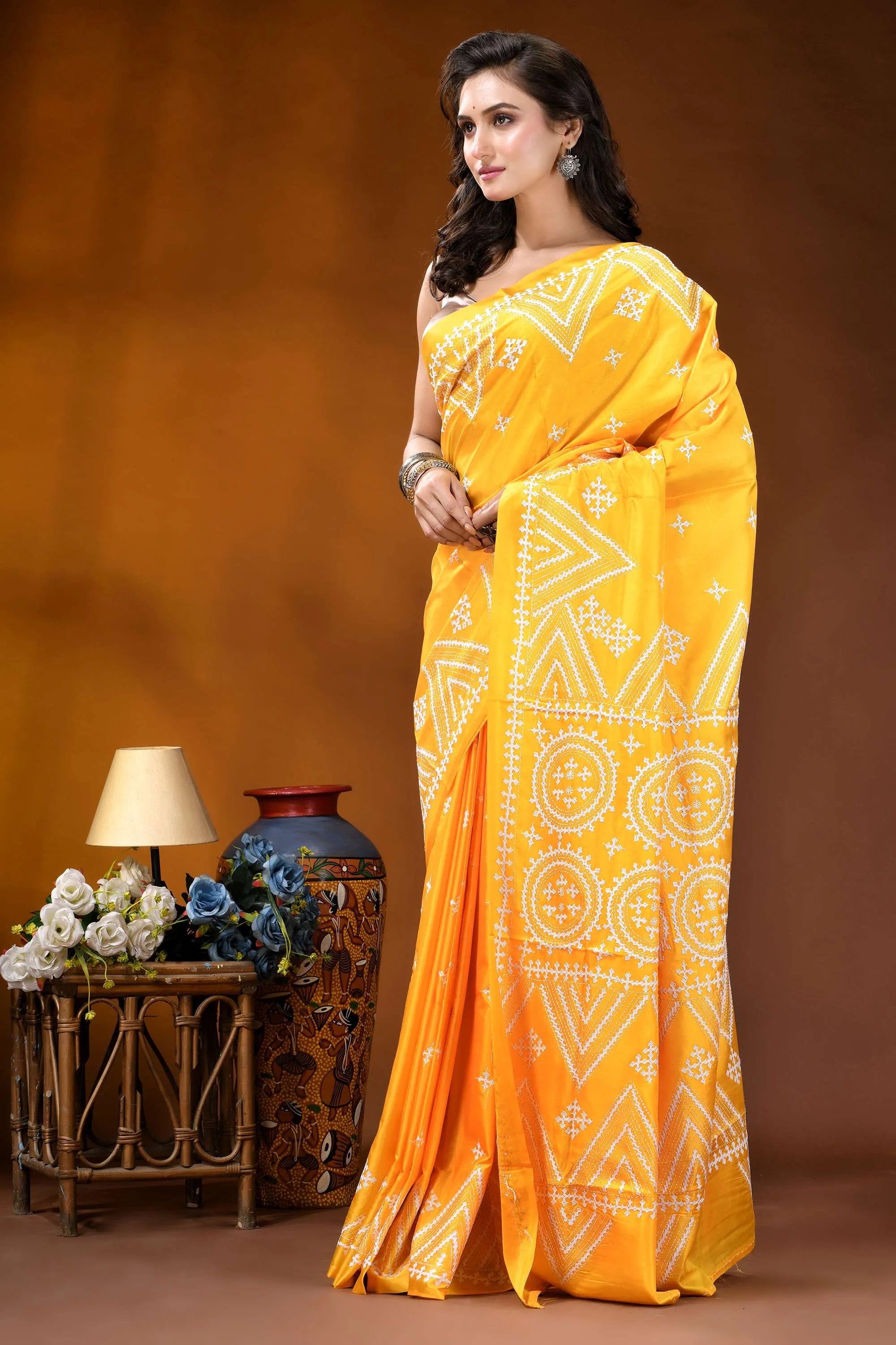 Yellow geometric motif handcrafted silk kutch work saree vibrant yellow saree intricate white 3