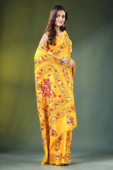 Yellow hand embroidered ethnic village scene kantha silk saree vibrant intricate red 4