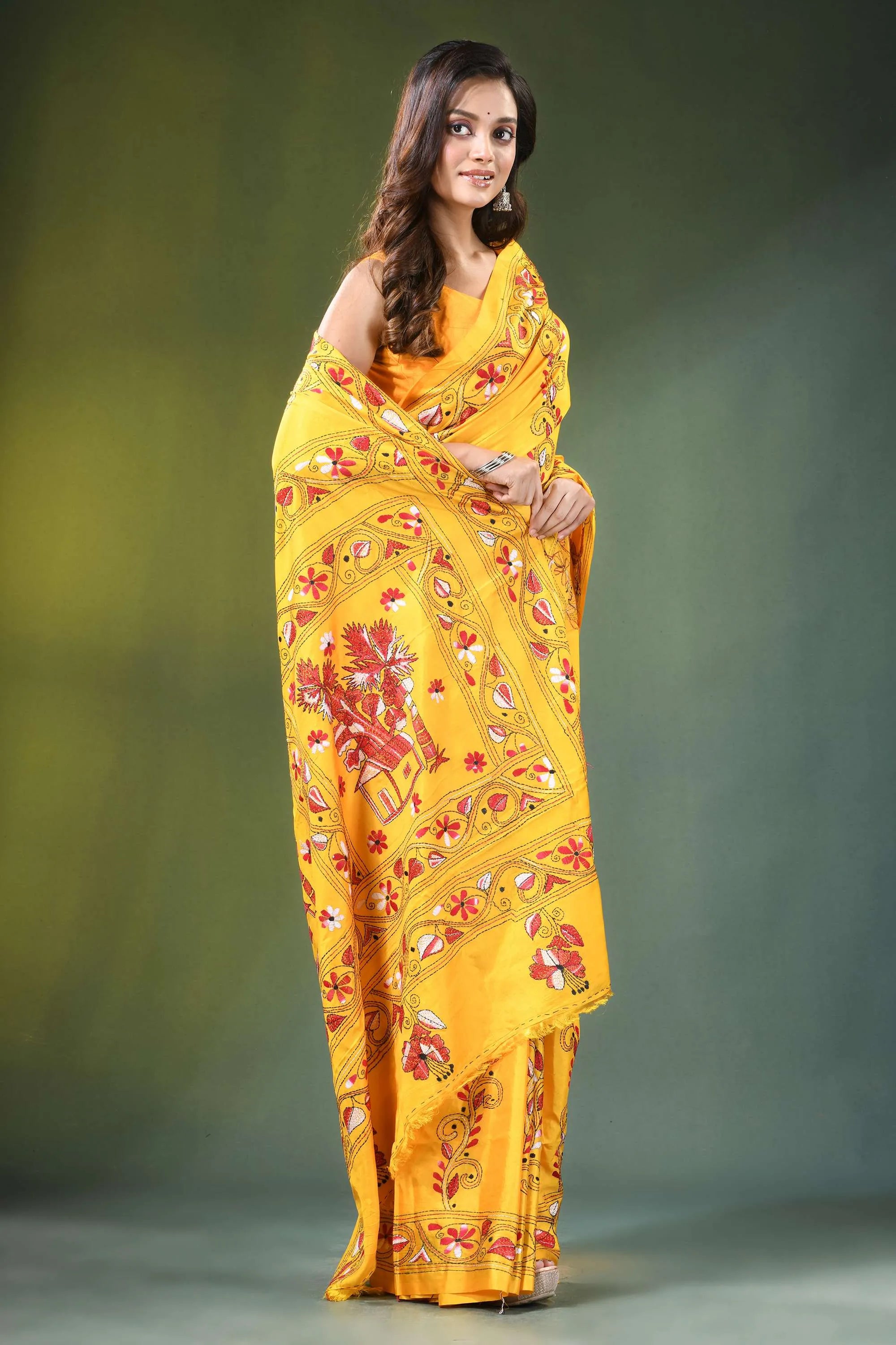 Yellow hand embroidered ethnic village scene kantha silk saree vibrant intricate red 4