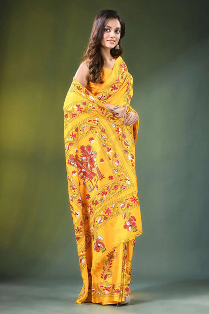 Yellow hand embroidered ethnic village scene kantha silk saree vibrant intricate red 4