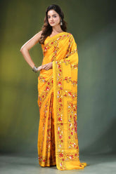 Yellow hand embroidered ethnic village scene kantha silk saree vibrant adorned intricate 1