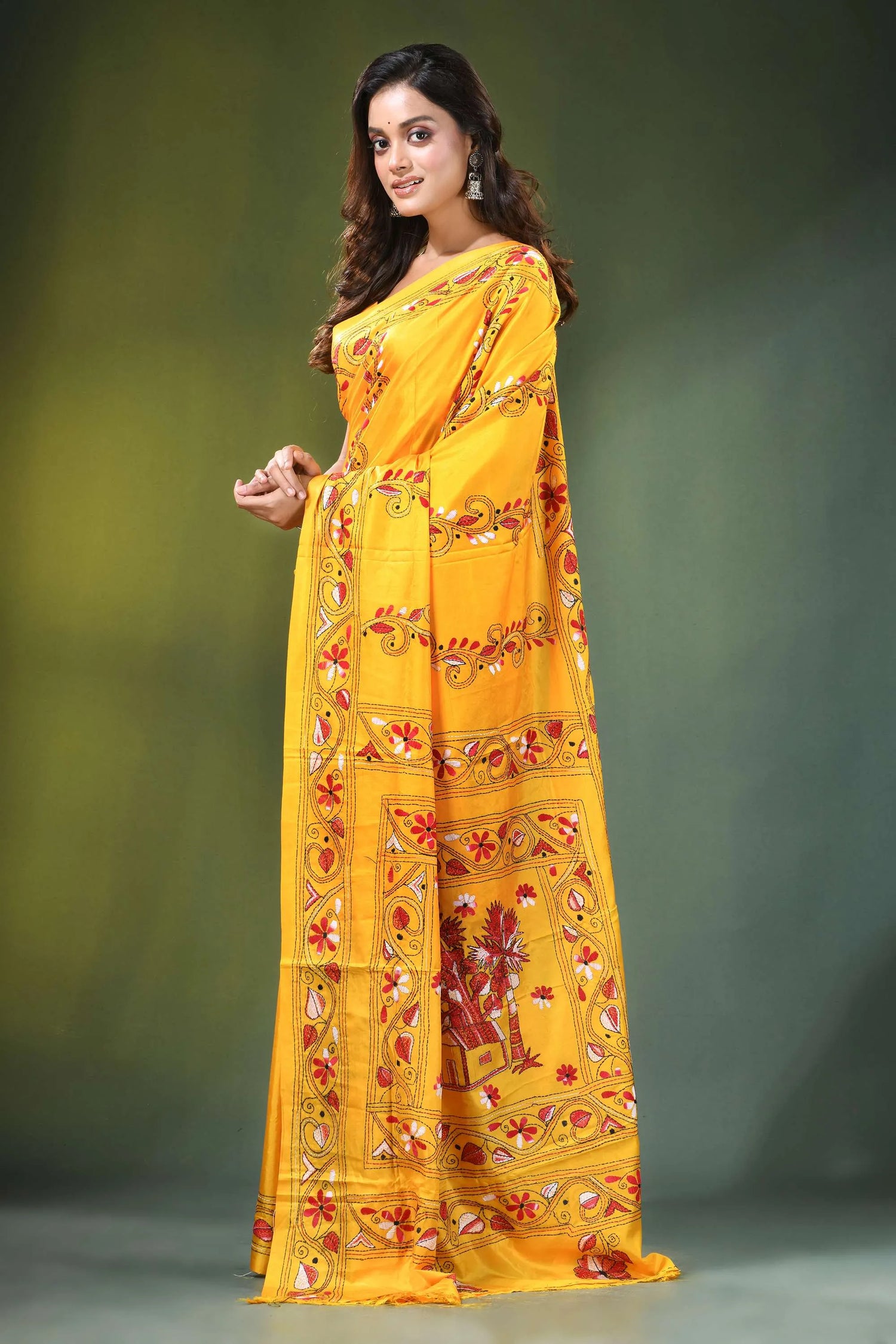 Yellow hand embroidered ethnic village scene kantha silk saree vibrant adorned intricate 3