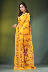 Yellow hand embroidered ethnic village scene kantha silk saree vibrant adorned intricate 3