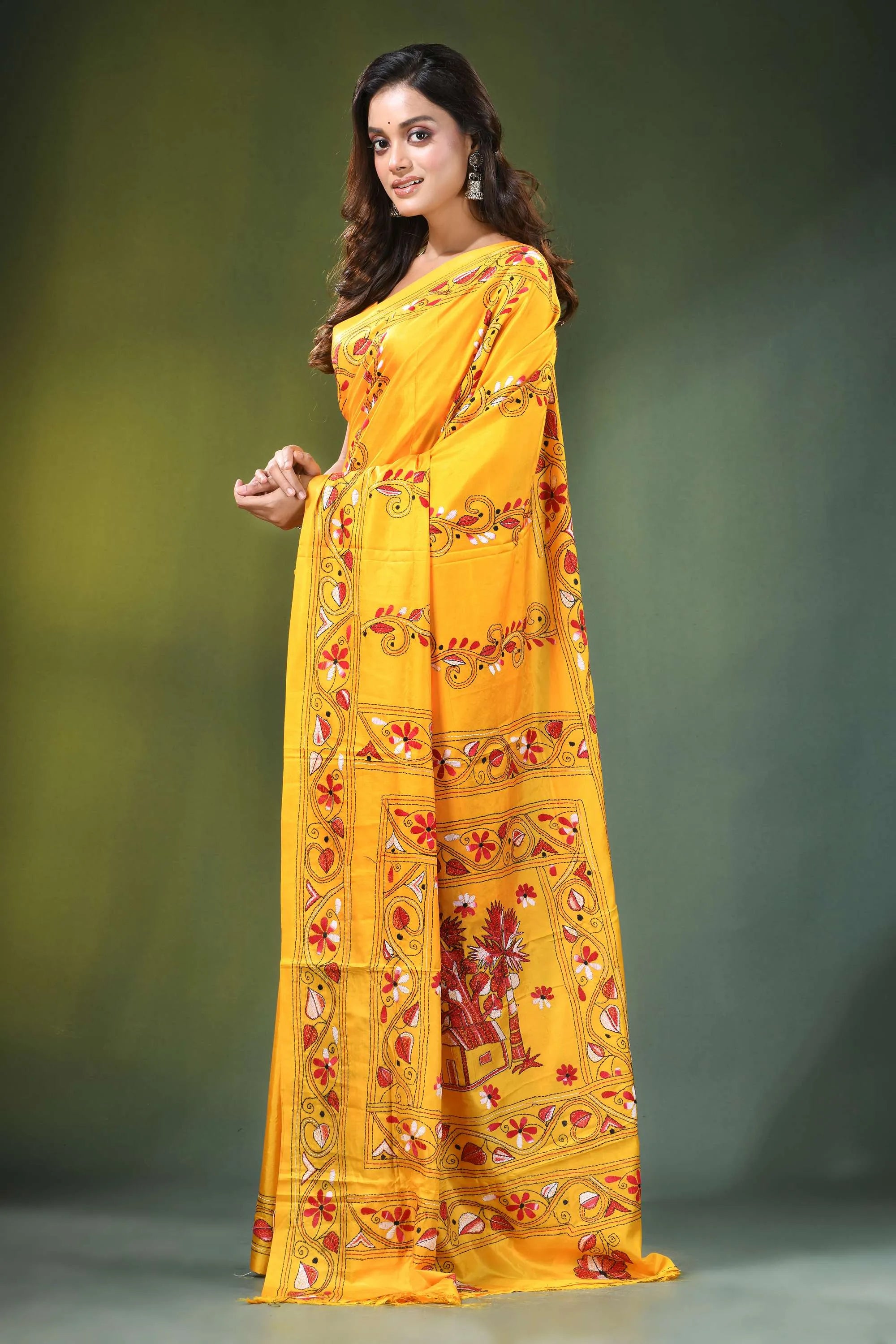 Yellow hand embroidered ethnic village scene kantha silk saree vibrant adorned intricate 3