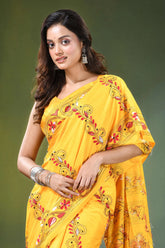 Yellow hand embroidered ethnic village scene kantha silk saree vibrant adorned intricate 2