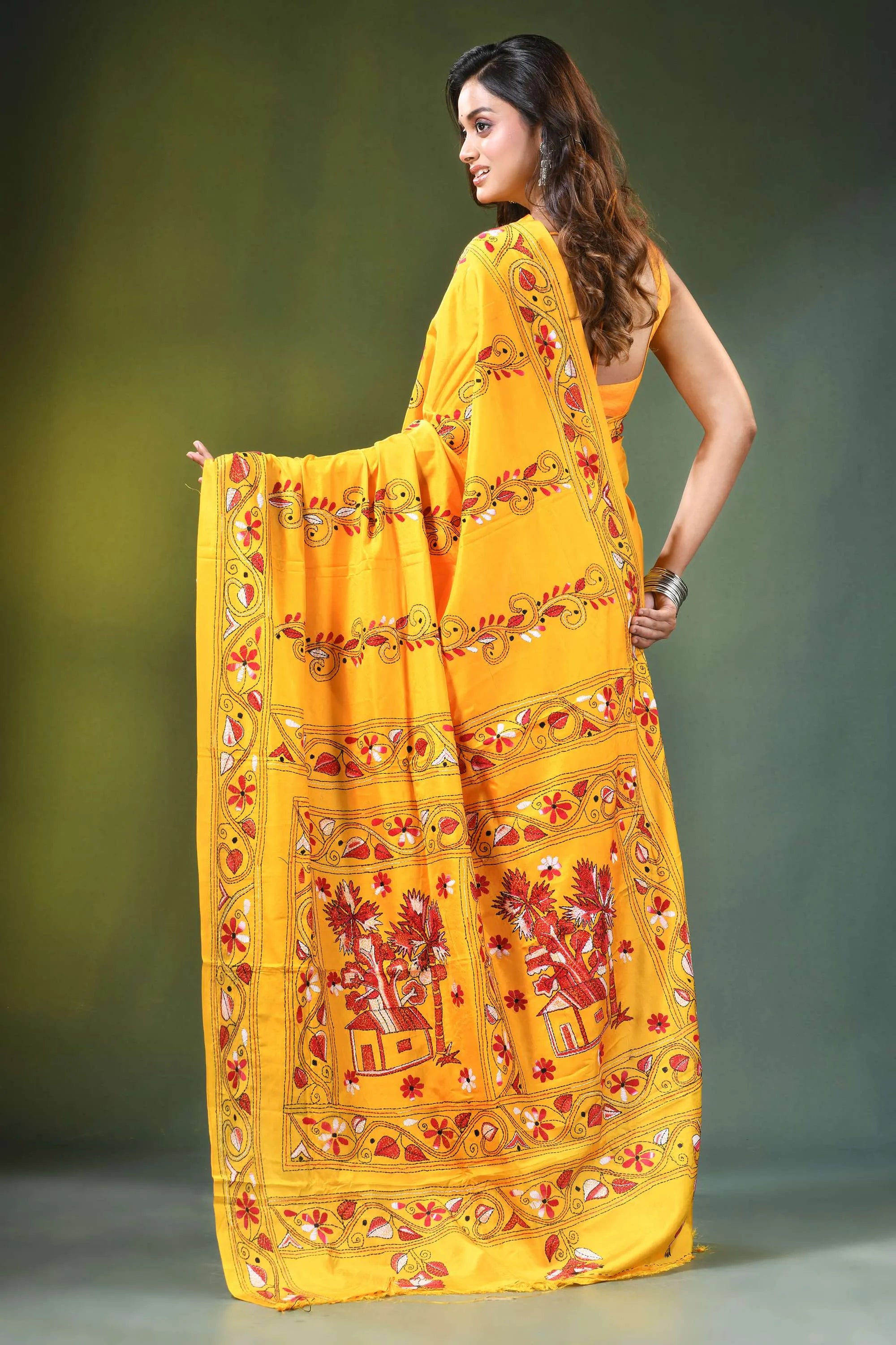 Yellow hand embroidered ethnic village scene kantha silk saree vibrant adorned intricate 5