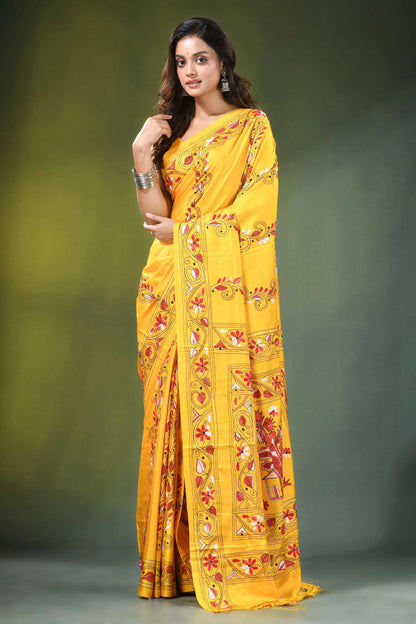 Yellow hand embroidered ethnic village scene kantha silk saree vibrant adorned intricate 6