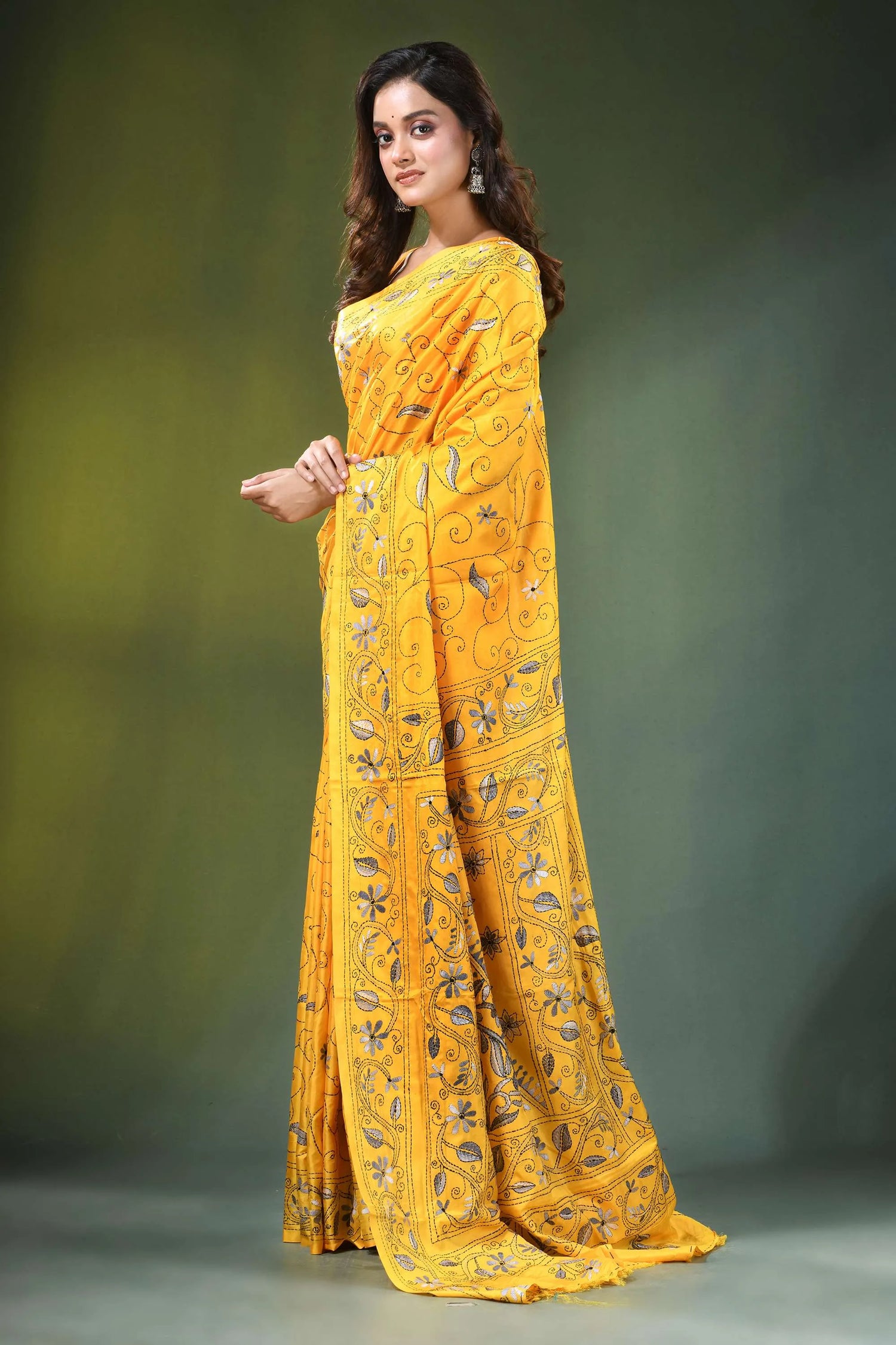 Yellow hand embroidered monochrome floral design kantha silk saree vibrant adorned intricate 3