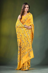 Yellow hand embroidered monochrome floral design kantha silk saree vibrant intricate black 4