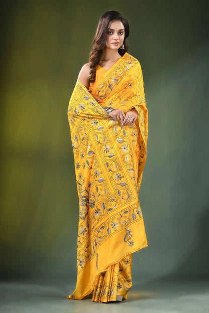 Yellow hand embroidered monochrome floral design kantha silk saree vibrant intricate black 4