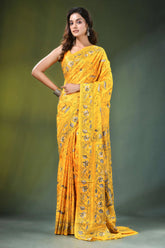 Yellow hand embroidered monochrome floral design kantha silk saree vibrant adorned intricate 6