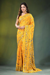 Yellow hand embroidered monochrome floral design kantha silk saree vibrant adorned intricate 1