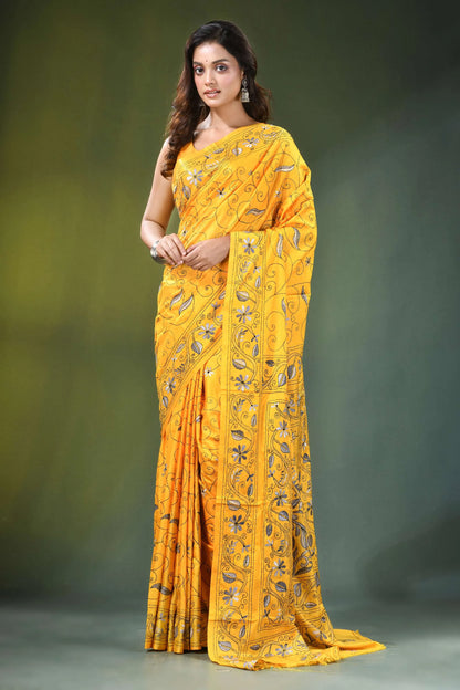 Yellow hand embroidered monochrome floral design kantha silk saree vibrant adorned intricate 1