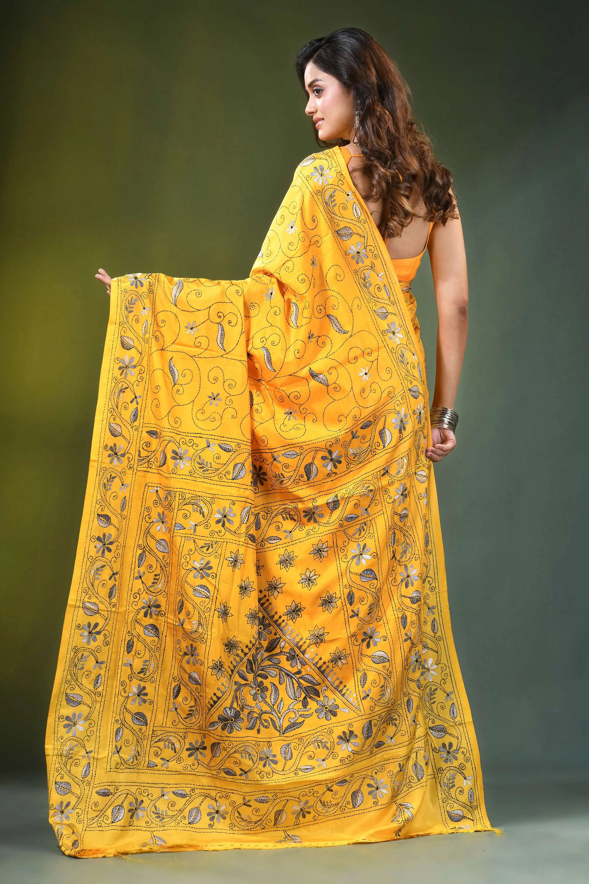Yellow hand embroidered monochrome floral design kantha silk saree vibrant intricate black 5