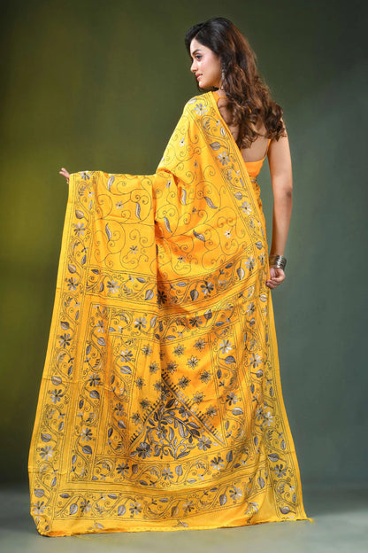 Yellow hand embroidered monochrome floral design kantha silk saree vibrant intricate black 5