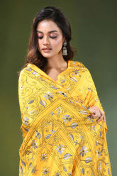 Yellow hand embroidered monochrome floral design kantha silk saree vibrant adorned intricate 2