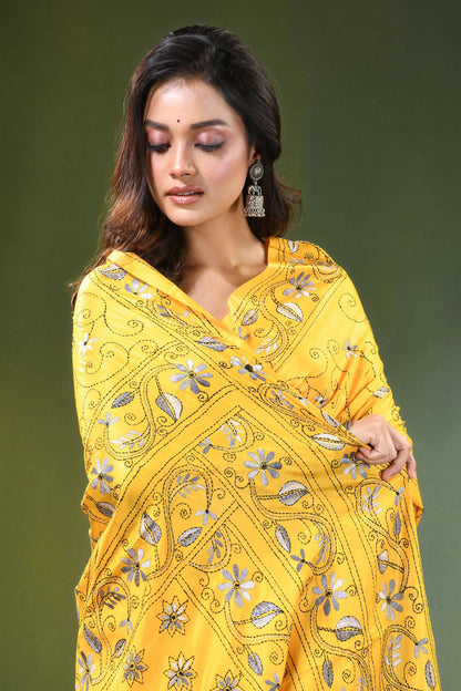 Yellow hand embroidered monochrome floral design kantha silk saree vibrant adorned intricate 2