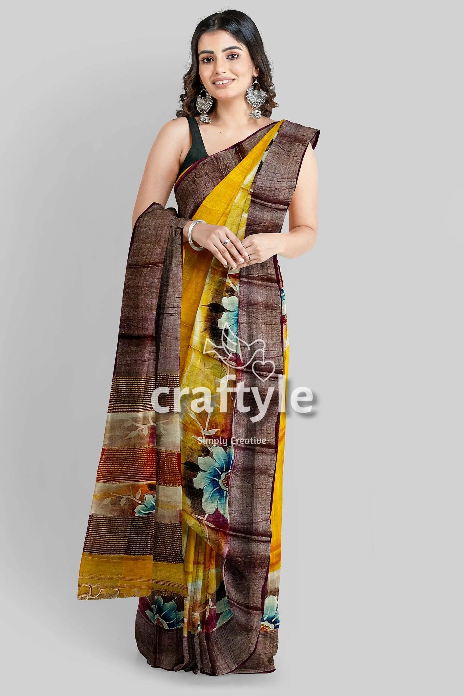 Yellow hand painted floral motif tussar saree with zari border - pure silk woman yellow brown floral saree 3