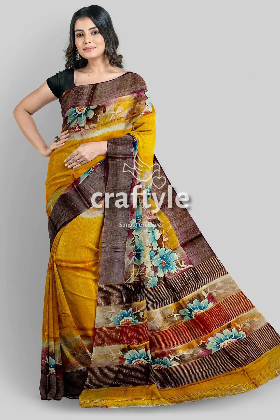 Yellow hand painted floral motif tussar saree with zari border - pure silk yellow floral-patterned saree 1