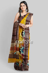 Yellow Hand Painted Floral Motif Tussar Saree with Zari Border - Pure Tussar Silk - Craftyle