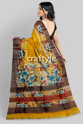 Yellow Hand Painted Floral Motif Tussar Saree with Zari Border - Pure Tussar Silk - Craftyle