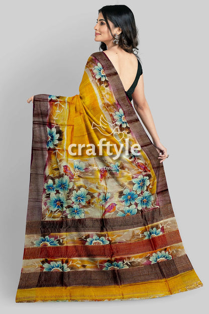 Yellow Hand Painted Floral Motif Tussar Saree with Zari Border - Pure Tussar Silk - Craftyle