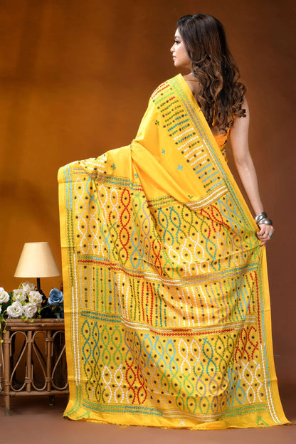 Yellow multi-thread ethnic motif handcrafted gujrati stitch silk saree vibrant yellow saree intricate geometric 5