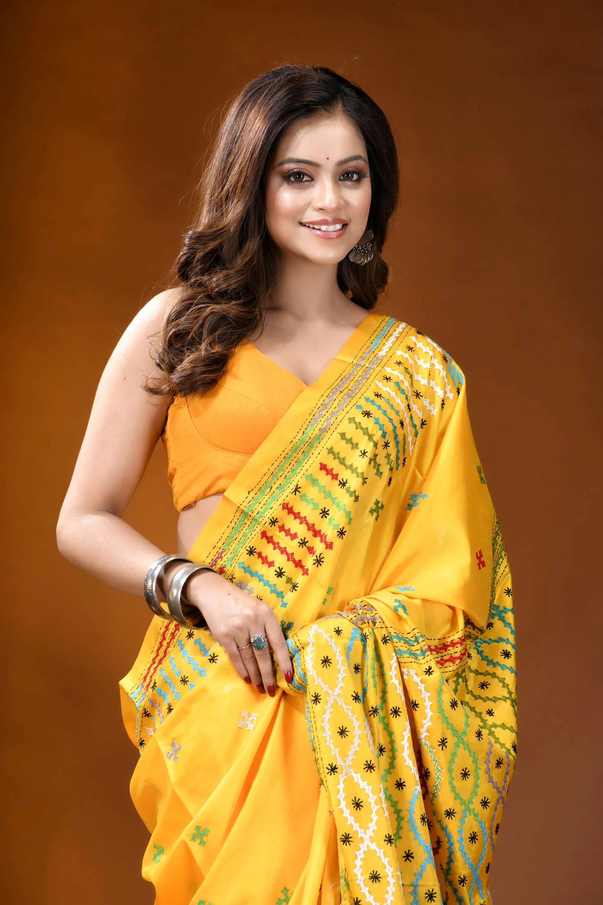 Yellow multi-thread ethnic motif handcrafted gujrati stitch silk saree bright yellow saree intricate green 2