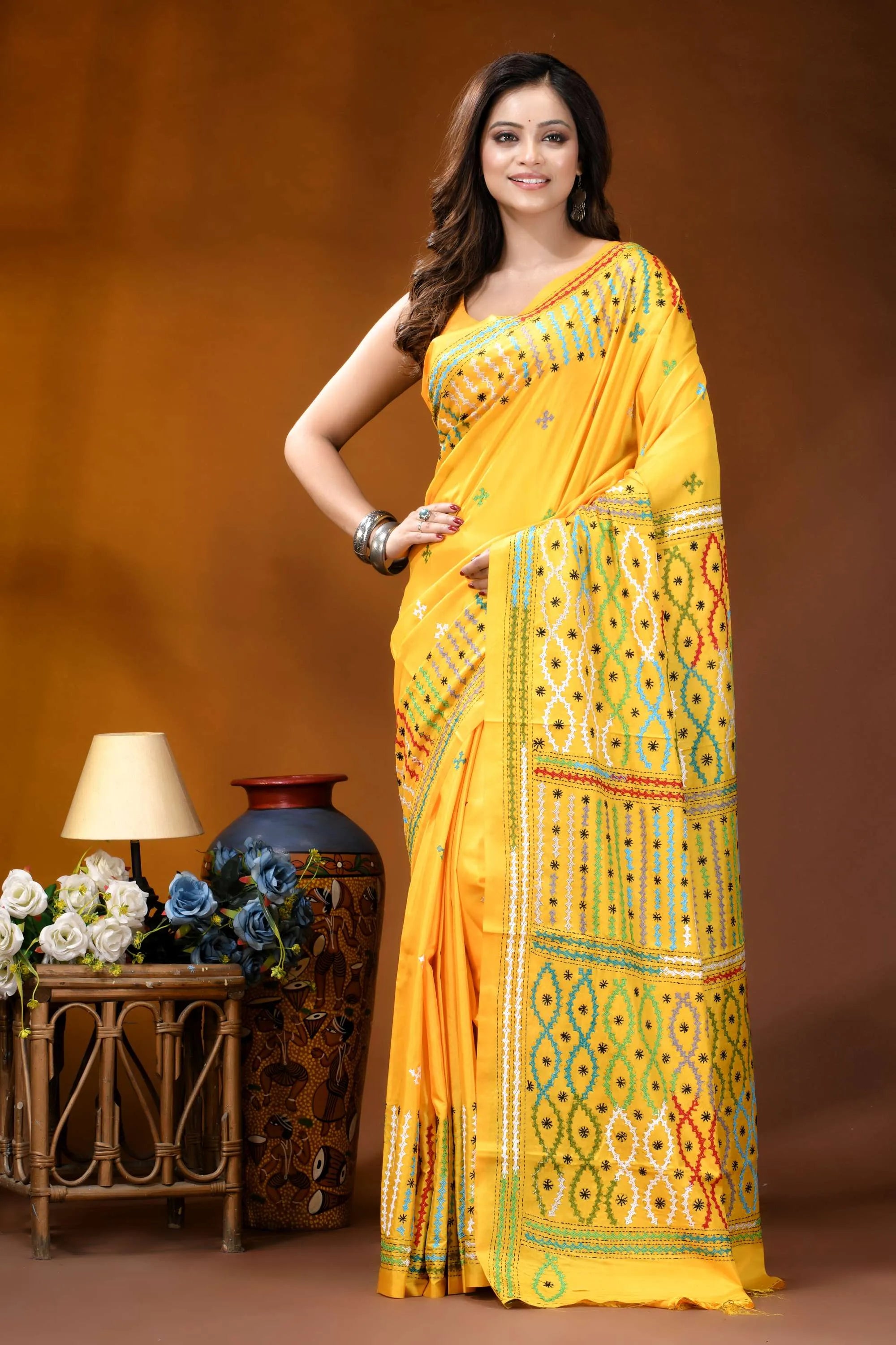 Yellow multi-thread ethnic motif handcrafted gujrati stitch silk saree vibrant yellow saree adorned intricate 6