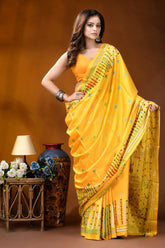 Yellow multi-thread ethnic motif handcrafted gujrati stitch silk saree vibrant yellow saree intricate embroidered 4