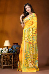 Yellow multi-thread ethnic motif handcrafted gujrati stitch silk saree vibrant yellow saree adorned intricate 3
