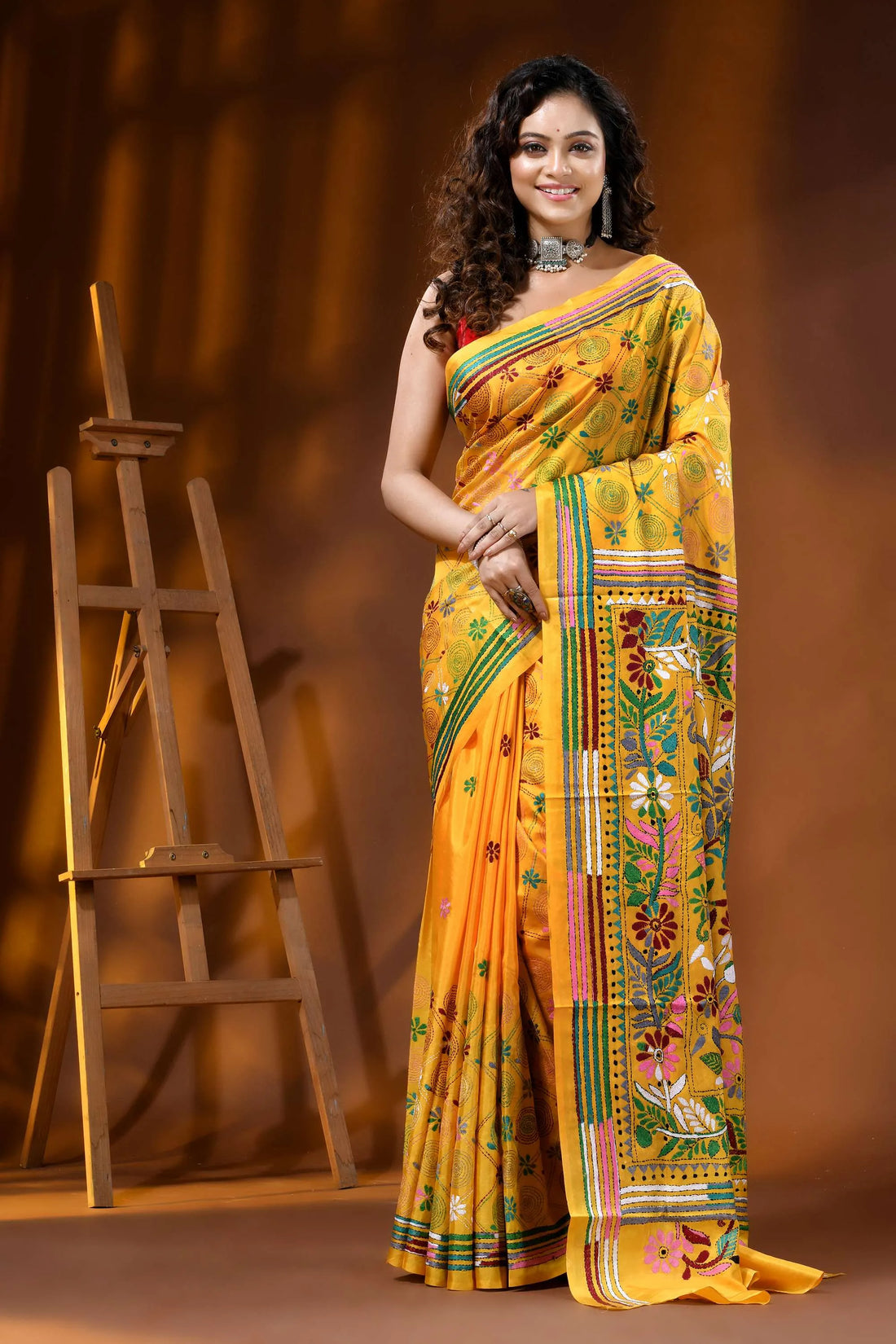 Yellow multi-thread floral handcrafted silk kantha saree 1