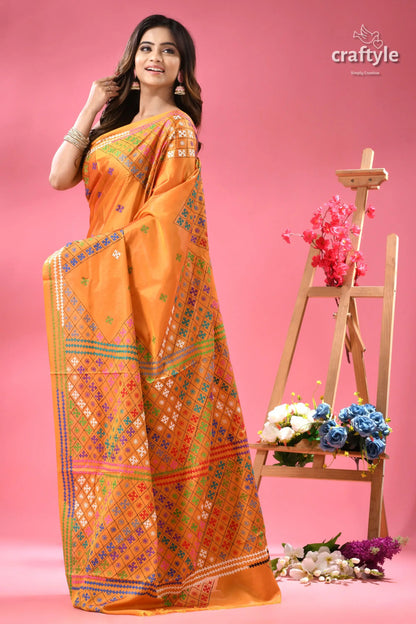 Yellow orange dualtone gujrati stitch saree orange saree intricate colorful geometric 3